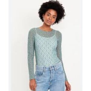 Old Navy Long‎ Sleeve Lace Layering Top Sage Green Sheer Floral Large NWT